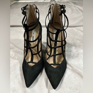 Steve Madden Black Pointed-Toe Cage Lace-Up Heels